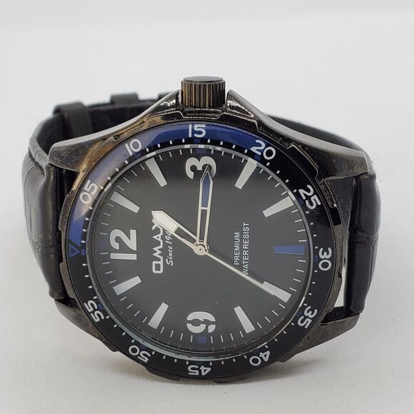 OMAX Men's Watch 45MM Black Dial Black Case Black Leather Bands New Battery - Picture 1 of 10